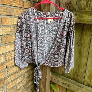 Japna Red and Black Tie Front Crop Blouse